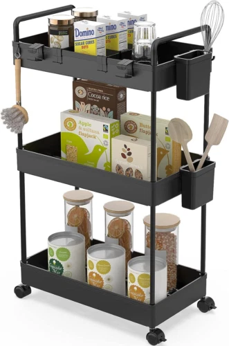 Ronlap Slim Storage Trolley, 3 Tier Rolling Cart 22x40x66cm, Black