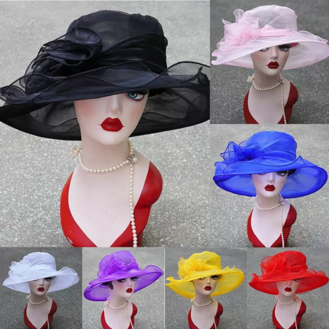 Wedding Church Hats Women Kentucky Derby Wide Brim Occasional Organza Sun Hat