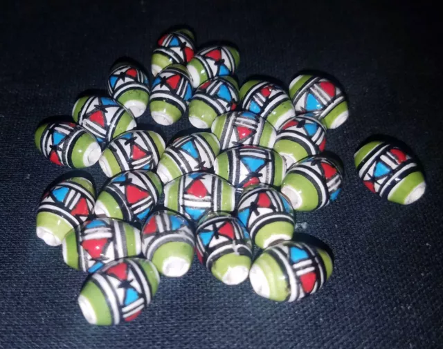 25 Keramik Perlen 14 mm,Olive oval grün orange,Inka Muster,Indianer Schmuck