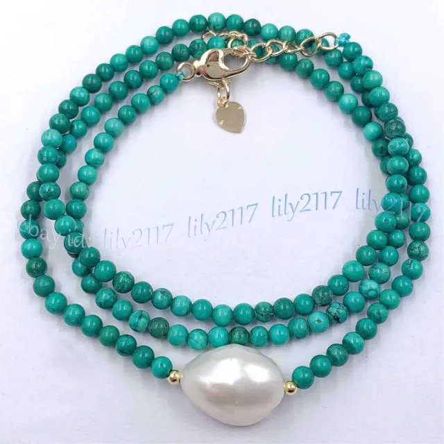 Natural Green Turquoise Round Gemstone White Freshwater Pearl Pendant Necklace