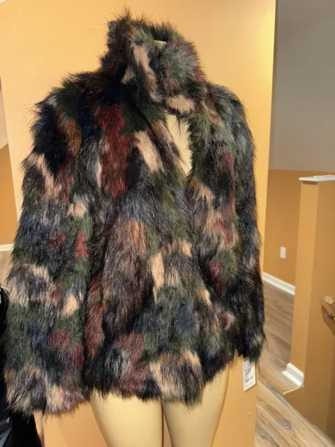 NWT WILDFLOWER women Small S faux fur mink jacket Reversible Multi Color $149