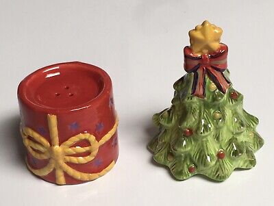 Vintage Christmas Salt & Pepper Set Drum & Tree NOS Adorable