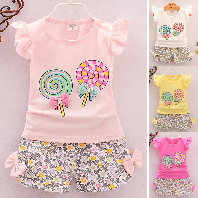 T-shirt bambino top + pantaloncini floreali pantaloni set vestiti abiti bambine 4