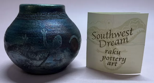 Jeremy Diller Southwest Dream Raku Pottery Art With Lizards Signed with Tags