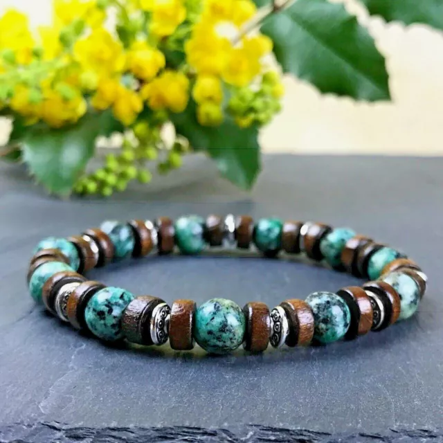 Bracelet Homme Femme Pierres Turquoise d'Afrique Bois Tibet  - Lithothérapie Men