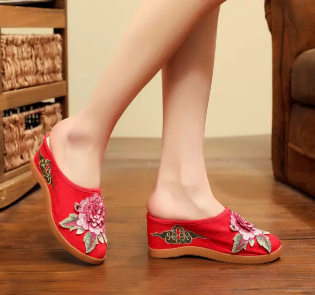 Women 7cm High Wedge Heel Embroidered Slippers Retro Ethnic Style Shoes Slingbac 3