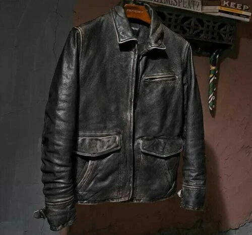 Men’s Motorcycle Biker Vintage Cafe Racer Distressed Black Real Leather Jacket