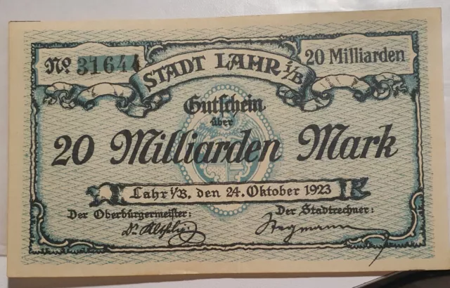altes Geld, Gutschein Stadt Lahr 20 Milliarden Mark von 1923
