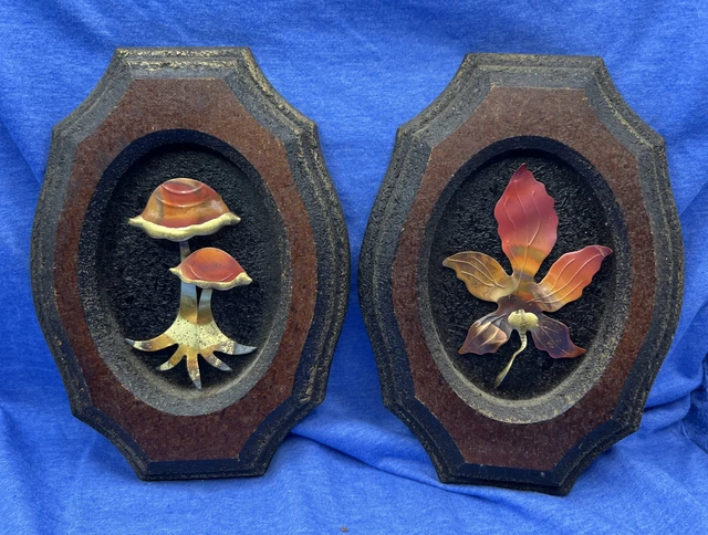 MCM 80's Vtg 2 Brass Tone Mushroom & Leaf Wood Plaques HOMCO
