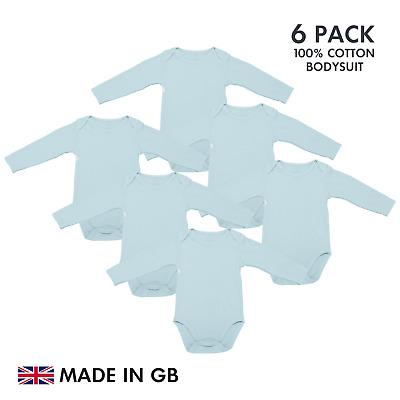 Baby Bodysuit 6 PACK Sky Blue Boys Girls Blank Babygrow Vest LONG Sleeve UK