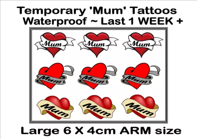 MUM HEART  temporary TATTOOS X3  LARGE ARM size waterproof  LAST 1 WEEK+