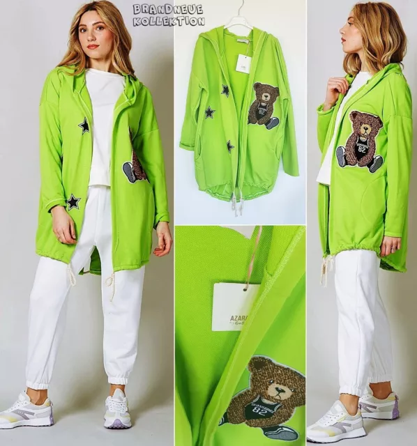 NEU 38 40 M L Long Kapuzen Sweatshirt Jacke Teddy Comic Cartoon Kiwi Grün Italy