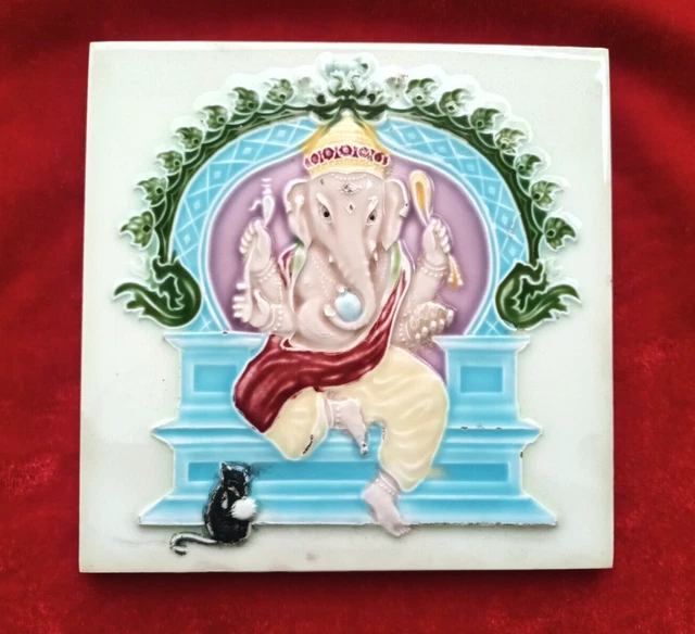 1 Piece Old Art God Ganesh Ji Design Embossed Majolica Ceramic Tiles Japan 0335