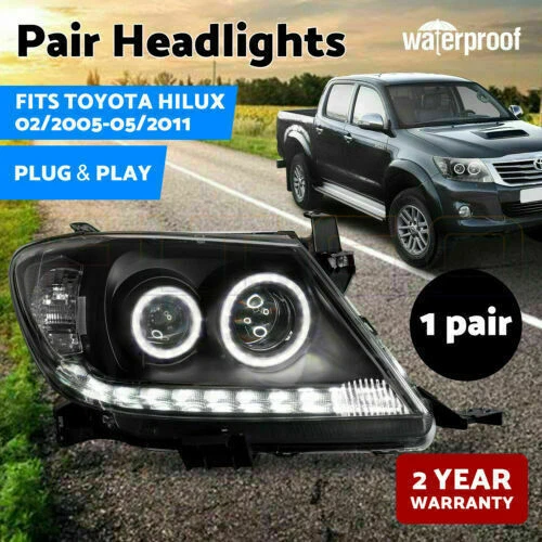 HEADLIGHTS BLACK DRL Projector HALO Angel Eyes Fits Toyota Hilux