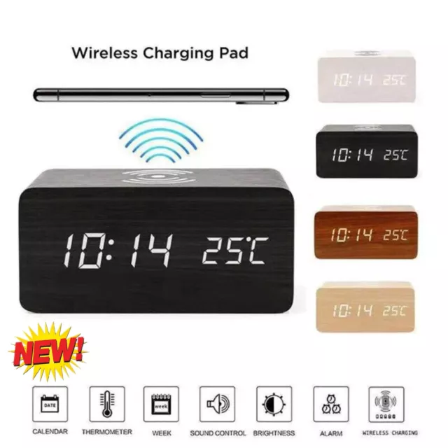 Digital Alarm Clock Wooden Table Desk Bedside LED Clock With Wireless Charger