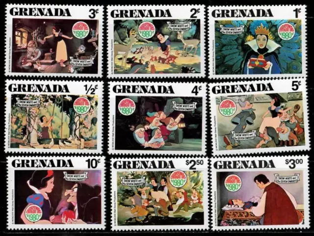 Grenada 1980 - Disney Christmas Snow White - Set of 9 Stamps Scott 1021-29 - MNH