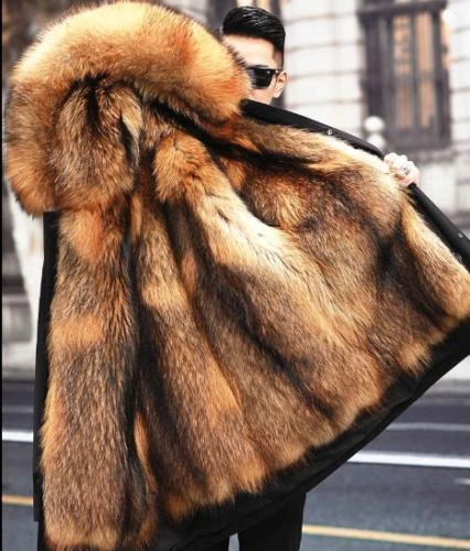 Mens Mink Fur Lined Long Coat Fox Fur Collar Hooded Warm Winter Outwear Parka XL