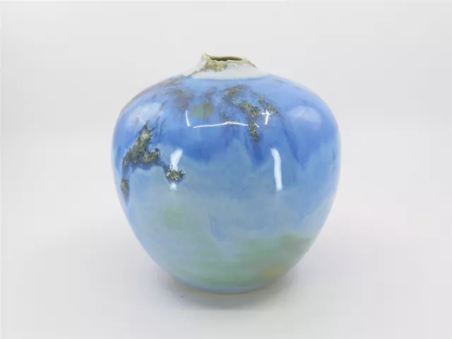 Vintage Oscar Bucher Pottery Vase Signed Blue Glaze 5.75" Tall x 5.75" Diameter