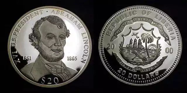 LIBERIA 2000 Silver 20 Dollars Abraham Lincoln Proof