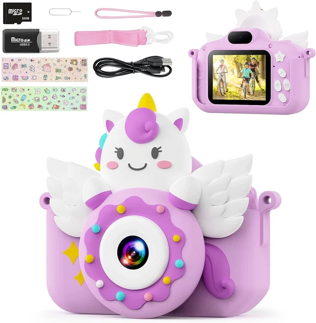 Cámara digital de juguete para niños de 3 a 12 años con tarjeta de 32 GB y lente doble (púrpura)