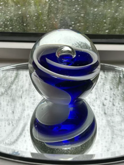 Vintage Art Glass Blue White Swirl Paperweight Controlled Bubble