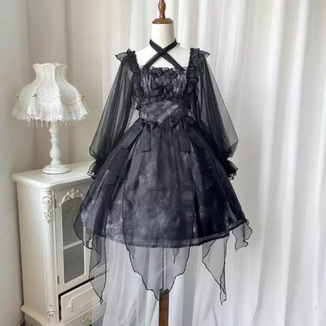 Gothic Damen Kleid Rüschen Netz Schier Lang Puffärmel Steampunk Party Kostüm