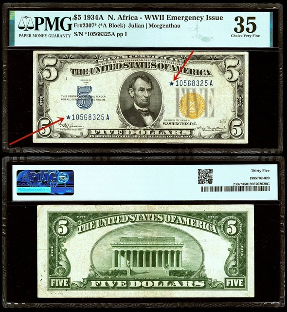 Fr. 2307* $5 1934A North Africa Silver Certificate Star. PMG Choice Very Fine 35