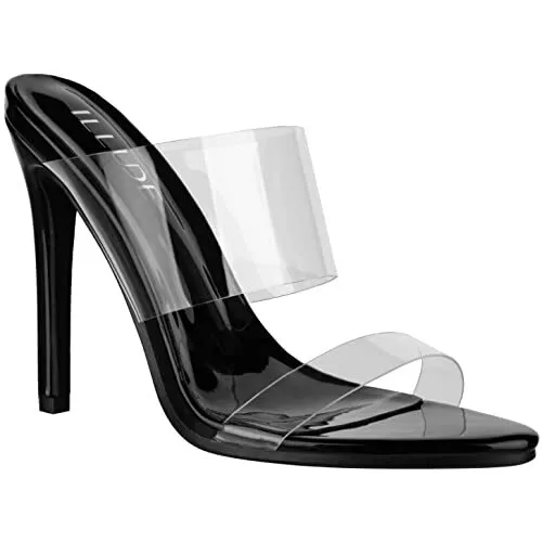 ILLUDE Women’s Clear Pointed Stiletto Transparent Strap High Heels Slip on Mules