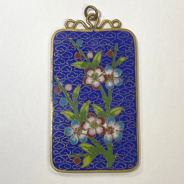 Vintage Chinese Cloisonné Brass Double Sided Enamel Flowers 81mm Pendant