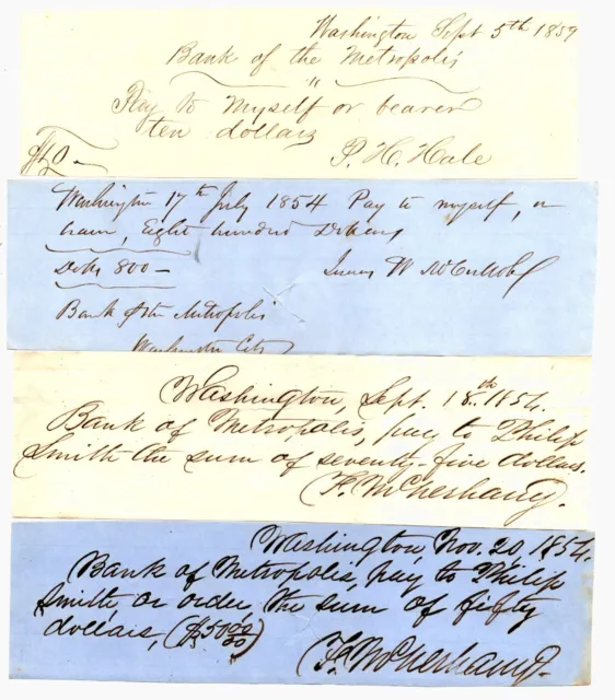 BEAUTIFUL RARE 1850's BANK of METROPOLIS D.C. HANDWRITTEN CHECKS! MINT CONDITION