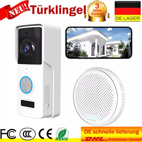Türklingel mit Kamera WLAN Video Funkklingel Ring WiFi Nachtsicht Doorbell HD DE