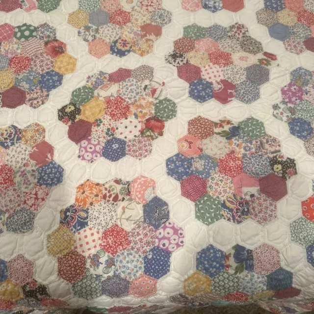 Vtg Antique Flower Garden Quilt Hand Made Feedsack Prints