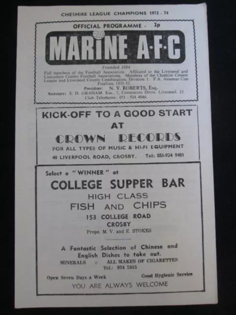 Marine v Rochdale 27th Nov 1974 FA Cup 1st Round Replay Football Programme C29