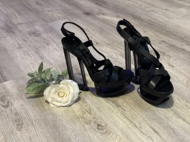 CASADEI Black Leather Platform Strappy Heels With Mirrors And Cut Out Size 6 EUC