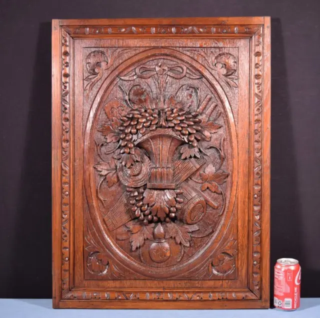 *French Antique Deeply Carved Solid Oak Wood Panel with Harvest Theme