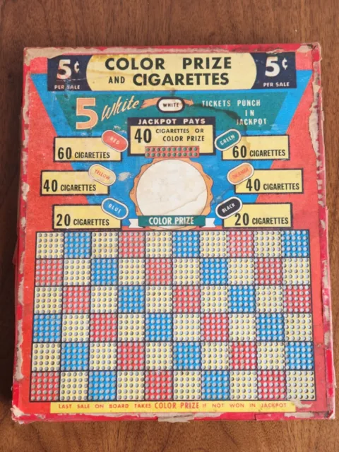 Vintage 1940s Punch Board Gambling Color Prize and Cigarettes 5c