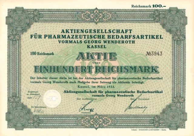 Pharmazeutische Bedarfsartikel AG - Kassel / Hessen - Aktie - 1933 - 100 Reichsm