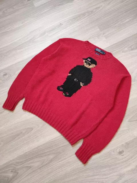 Vintage 90s Polo Ralph Lauren Polo Bear Handknit Sweater Sunglasses Red Medium 2