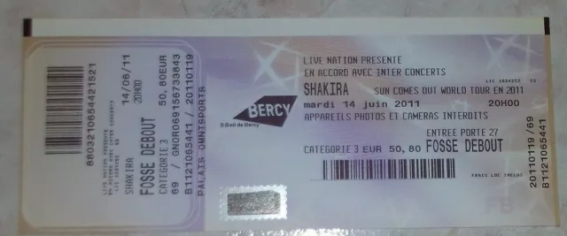 Shakira Billet De Concert Bercy 14 Juin 2011 Sun Comes Out World Tour