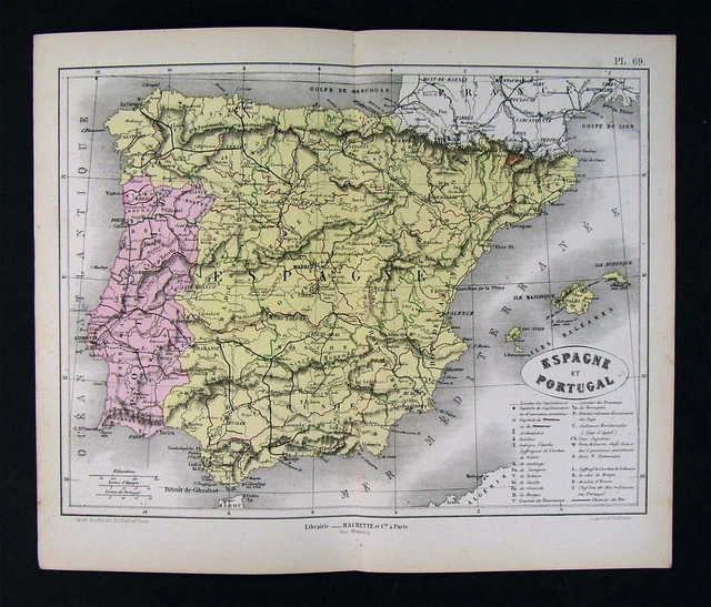 1872 Vuillemin Map Spain Portugal Madrid Lisbon Europe