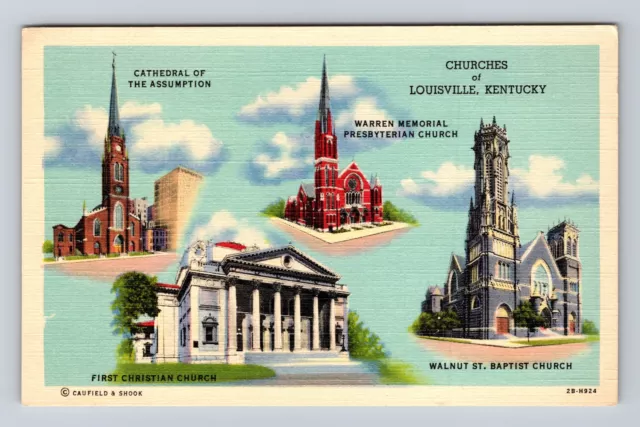 Louisville KY-Kentucky, Montage Of Churches, Antique, Vintage Souvenir Postcard