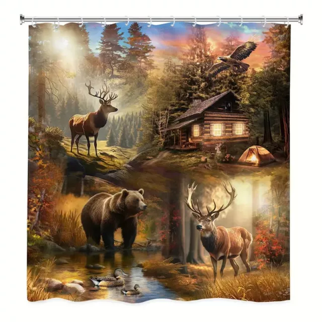 Cabin Lodge Bear Luminous Wildlife Fabric Shower Curtain, Modern Rustic, 72"x72"