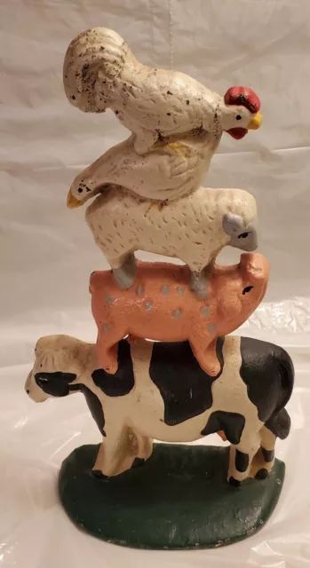 Vintage Barnyard Cast Iron Door Stop Stacked Animals 8.5"T Cow Pig Sheep Goose &