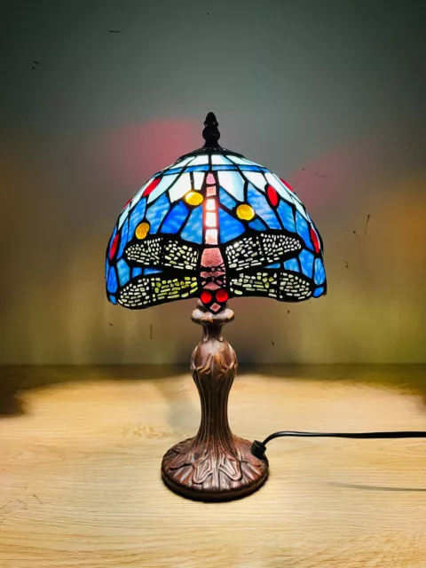 Tiffany Table Lamp 14", Leadlight Stained Glass Crystal Bead Dragonfly Sky Blue 2