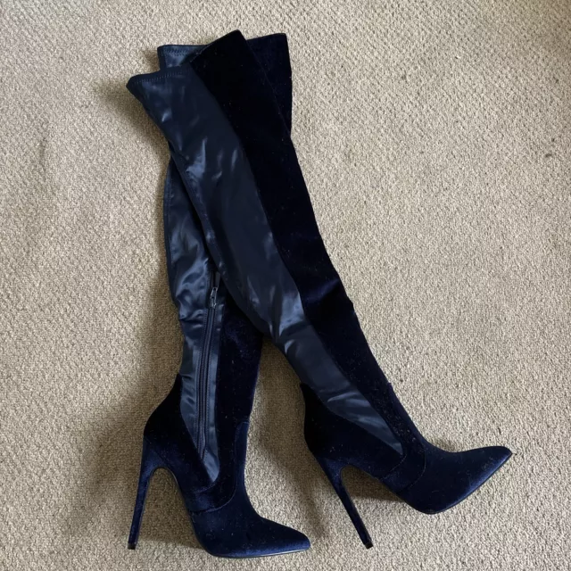 Blue Velvet Thigh High Boots- SIZE UK 3 EU 36 New Without Box
