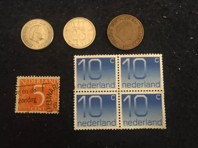 Dutch collectible Coins and Stamps, post World War II, different Queens