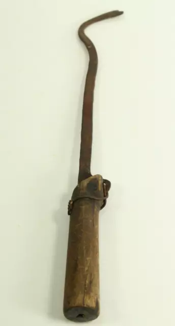 = Antique 1800's Tool Wooden Handle Curved Wrought Iron Hook