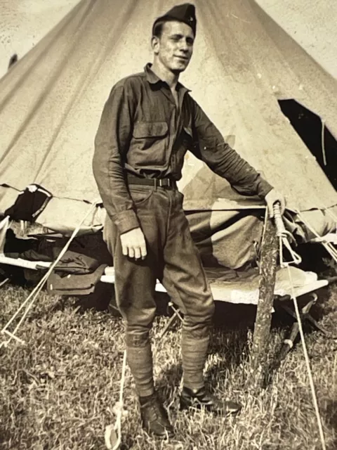 WA Photograph Handsome Military Soldier Uniform Posing Near Tent 1940's