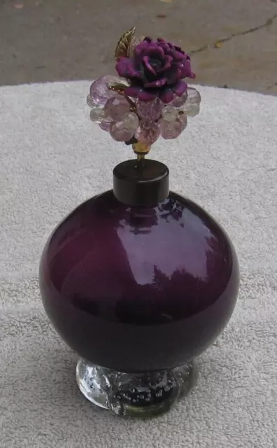 Purple Lilac Glass Bubble Base Perfume Bottle w Floral Rhinestone Atomizer ~s