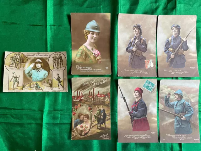 Lot of 7 Patriotic CPAs: Women Soldiers Women Patriots Feminism WW1 War